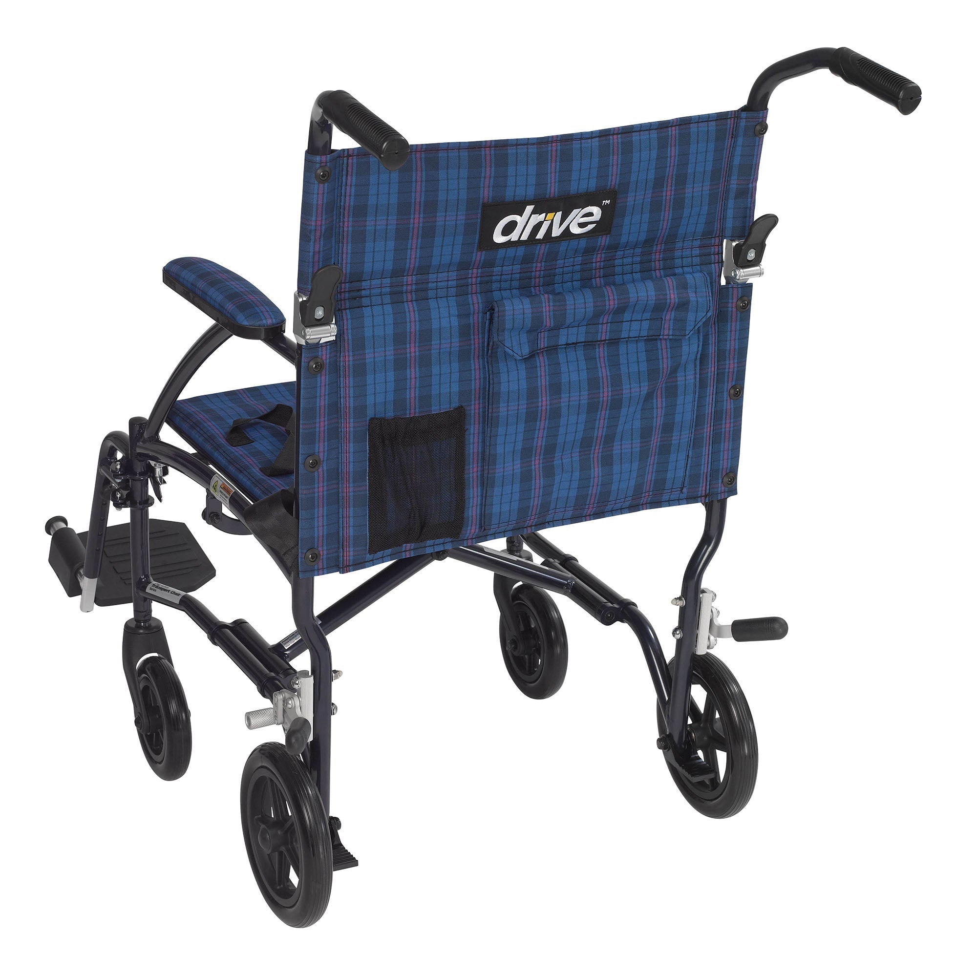 drive Fly-Lite Ultra Transport Wheelchair, Blue Frame w/ Plaid Upholstery 