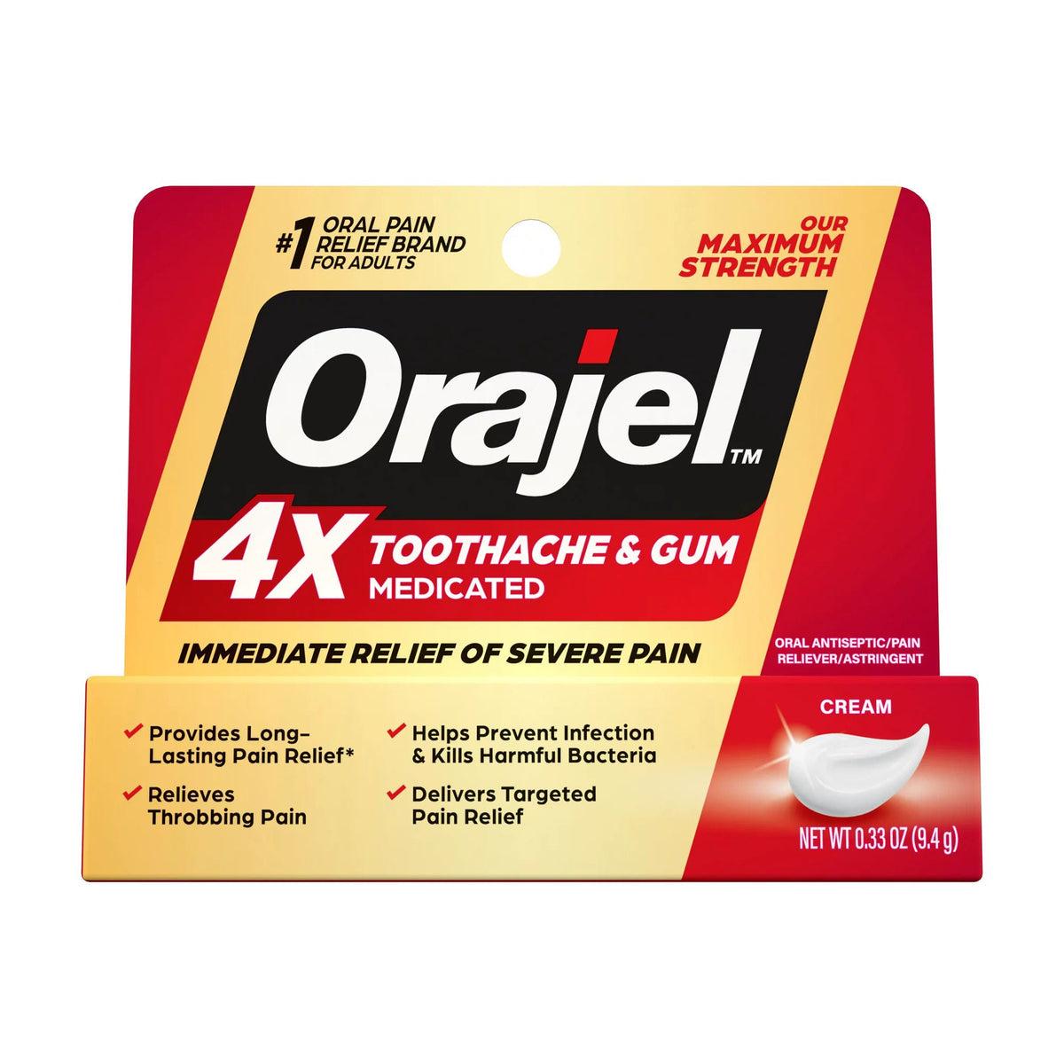 Orajel 4X Medicated Cream for Toothache & Gum, Maximum Strength for Severe Pain (Each)