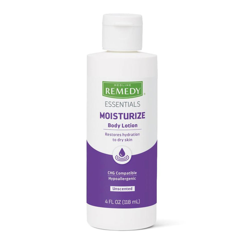 Hand and Body Moisturizer Medline Remedy Essentials Moisturize 4 oz. Bottle Unscented Lotion CHG Compatible (Case of 60)