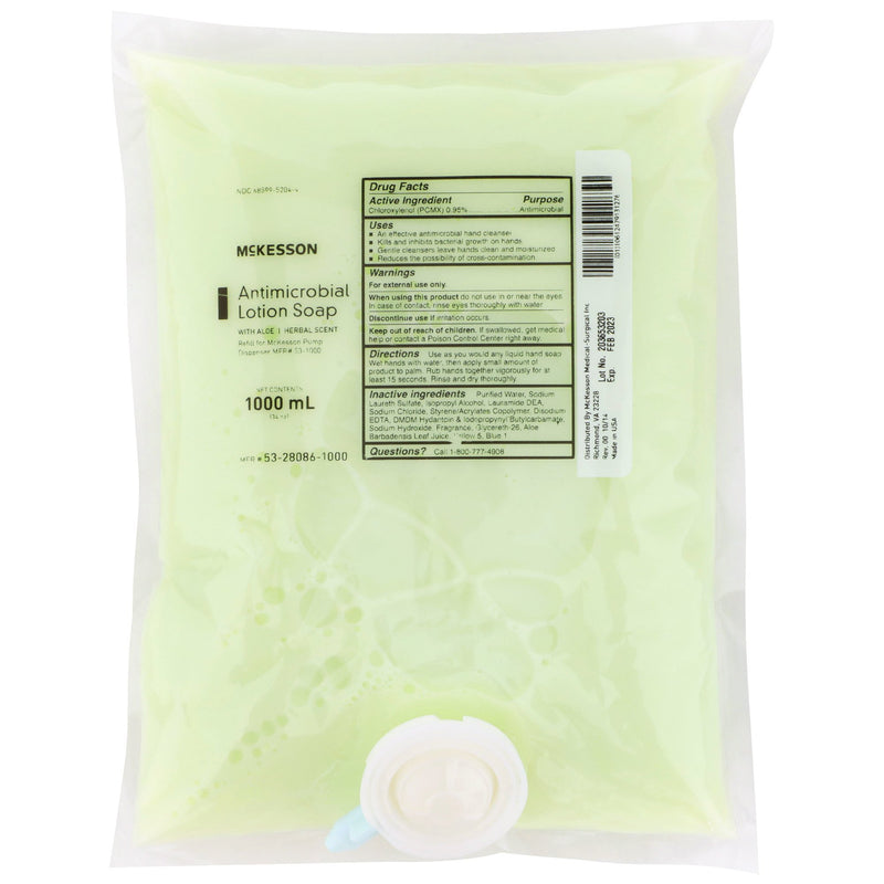 McKesson Antimicrobial Lotion Soap, Herbal Scent, With Aloe, 1,000 mL Refill Bag (Case of 10)
