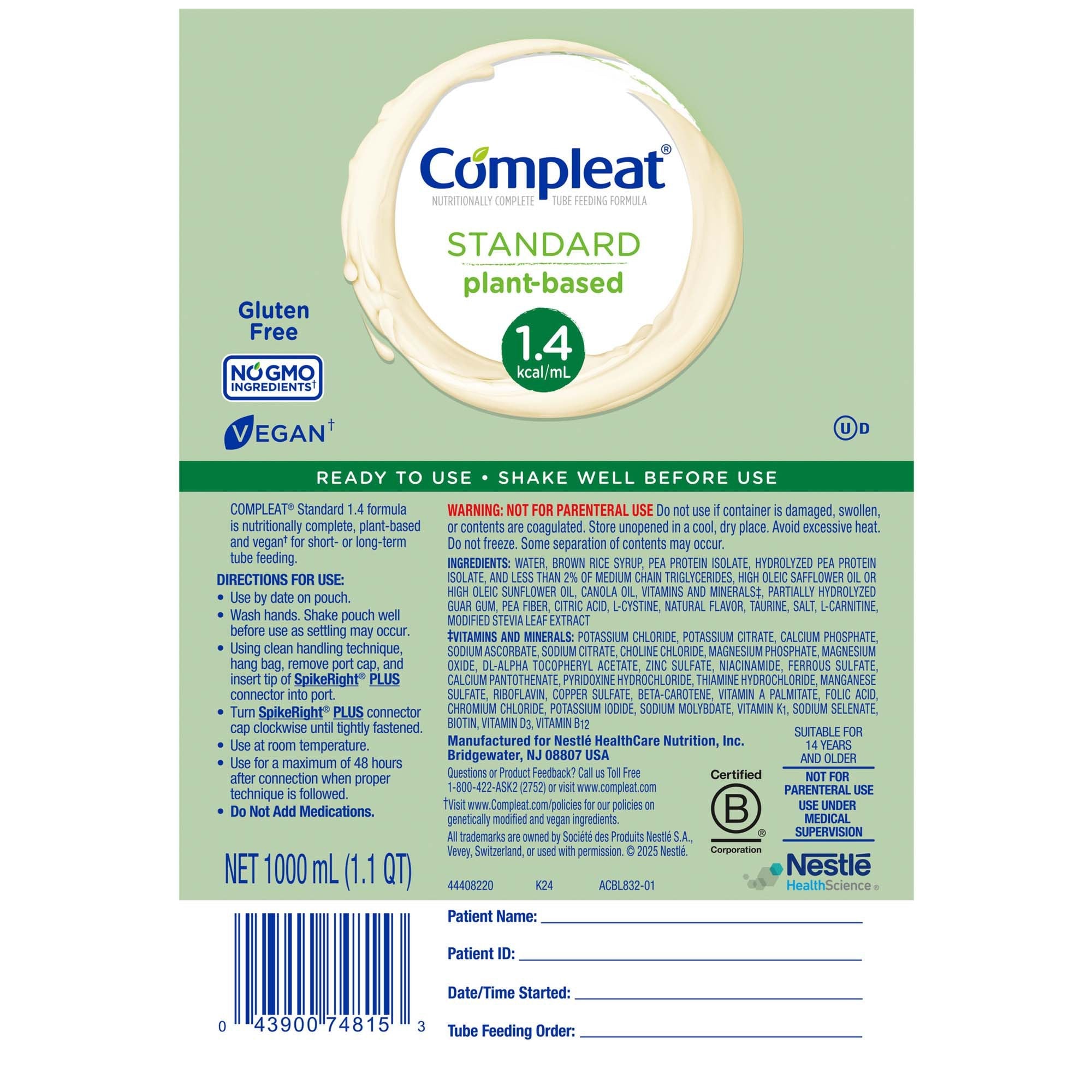 Nestle Healthcare Nutrition Compleat Standard 1.4 Cal Plant-Based Tube Feeding Formula, Vanilla, 1000 mL (6/CS) 