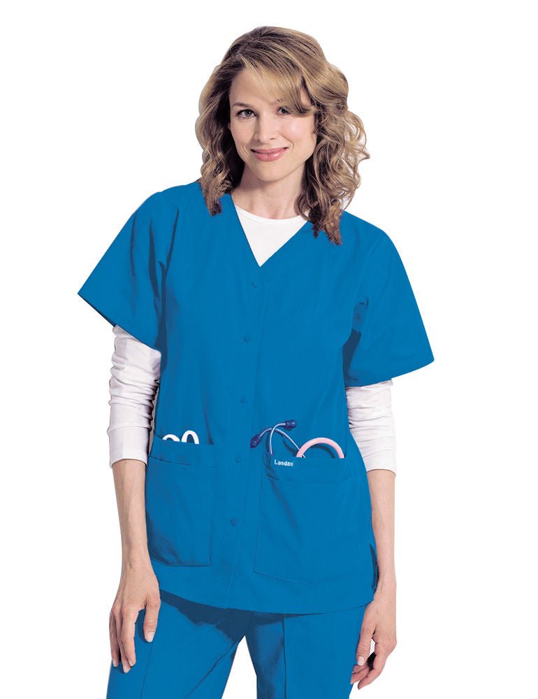 Provider Scrub Shirt Landau Essentials Large Black 4 Pockets Short Sleeve Female (Each)