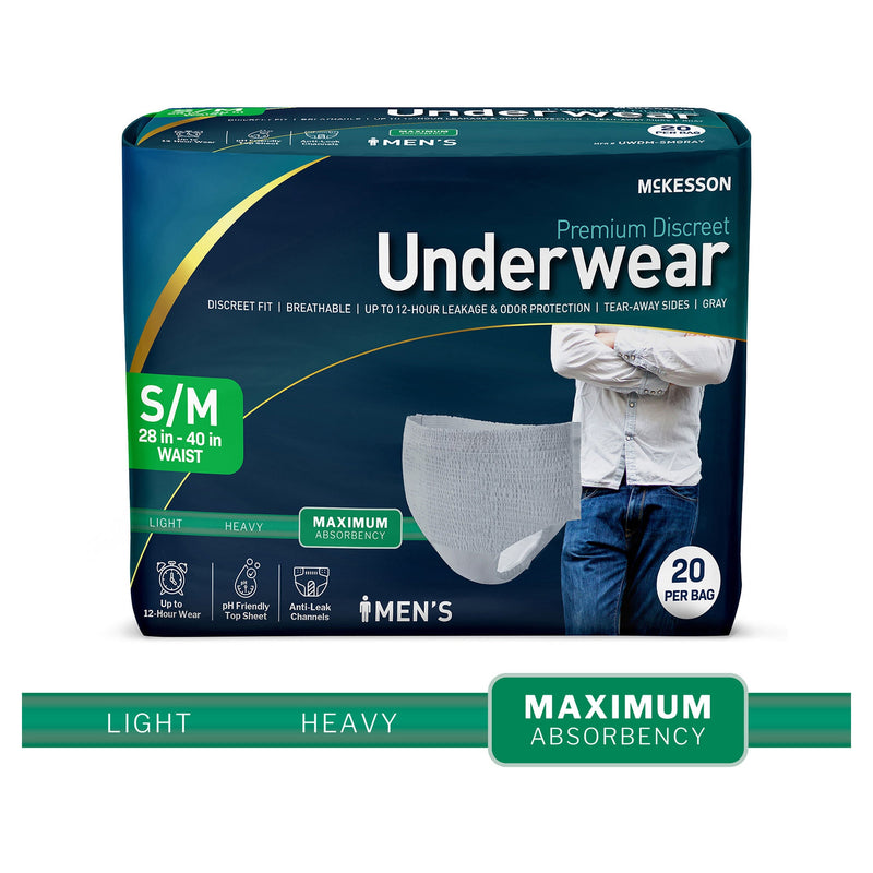 McKesson Premium Discreet Underwear for Men, Maximum Absorbency, Small/Medium (Case of 80)