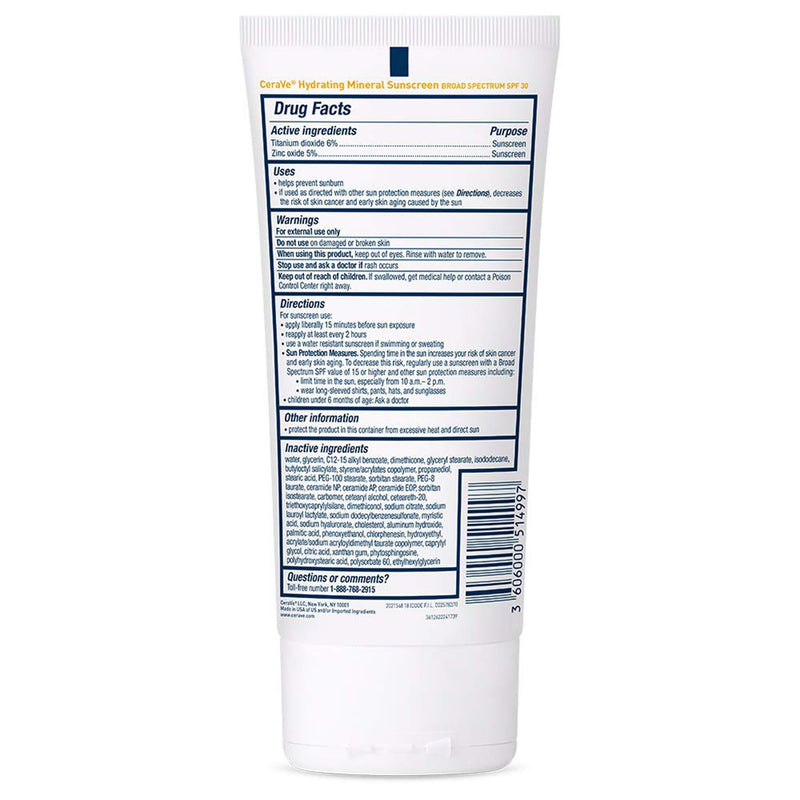 CeraVe Hydrating Mineral Sunscreen for Body SPF 30, 5-ounce Tube 