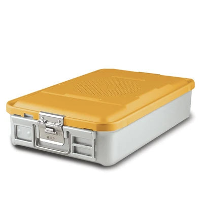 SklarLite Sterilization Container - Mid-Size, Standard Lid, Perforated Bottom, 18-1/4" x 11" x 4", Yellow - 10-4314 