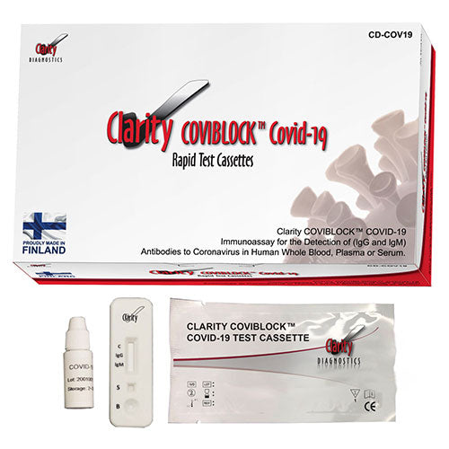 Clarity COVIBLOCK COVID-19 IgG/IgM Rapid Test Cassette box