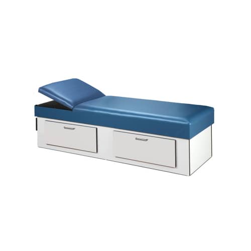 Clinton Upholstered Apron Couch with Double Drawer Storage and Flat Foam Adjustable Headrest  Slate Gray Laminate & Black Upholstery