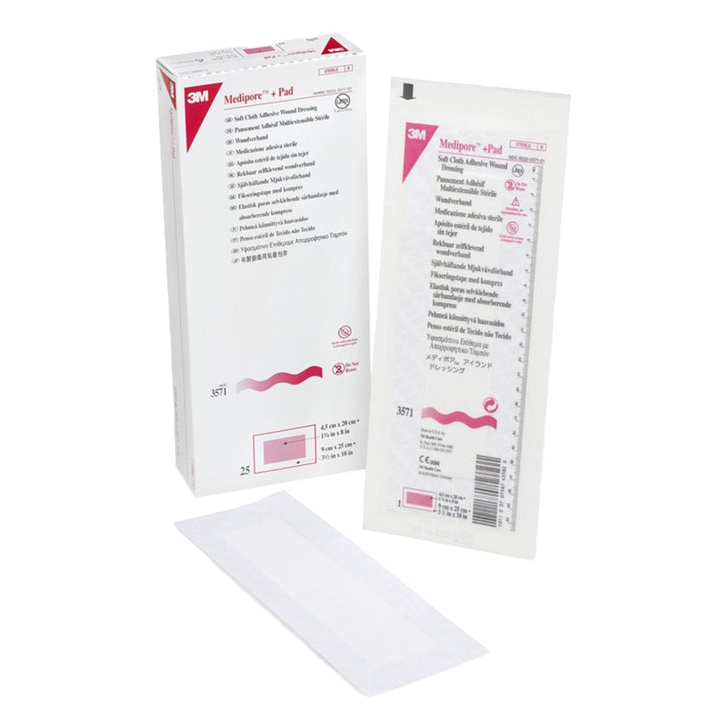 Solventum Corporation 3M Medipore + Pad Soft Cloth Adhesive Dressing, 3.5 x 10 Inch (100/CS) 