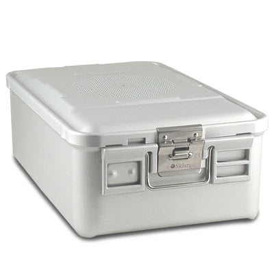 SklarLite Sterilization Container - Mid-Size, Safe Lid, Perforated Bottom, 18-1/4" x 11" x 6", Silver - 10-4430