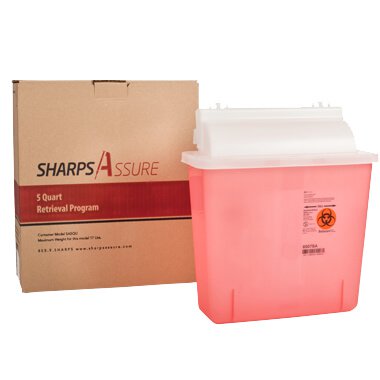 Mailback Sharps Container Sharps Assure Translucent Red Base 12-1/4 L X 4-3/4 W X 10-1/2 H Inch Horizontal Entry 1.35 gal. (Each)