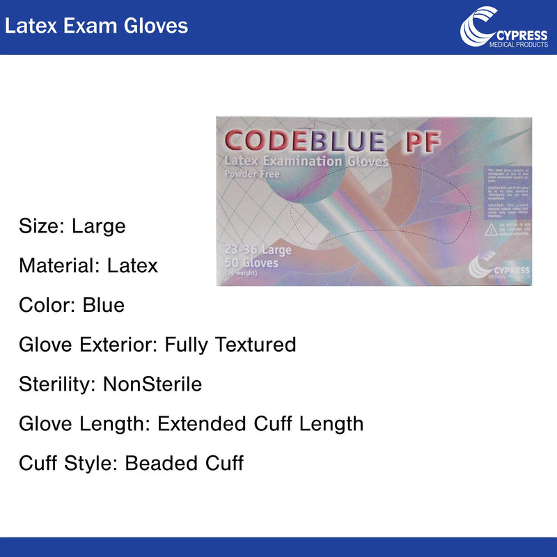 CodeBlue PF Latex Extended Cuff Length Exam Glove, Large, Blue (10/CS)