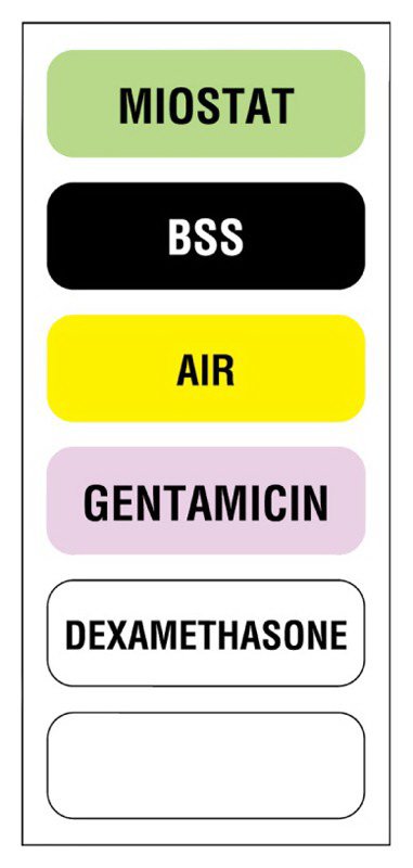 United Ad Label Pre-Printed Label UAL Anesthesia Label Multicolored Paper Miostat Bss Air Gentamicin Dexamethasone Black / White Medication Instruction 1/2 X 1-1/2 Inch (25/BX) 