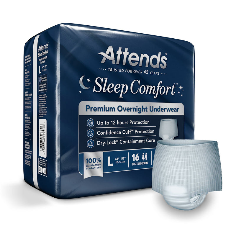 Attends Sleep Comfort Premium Overnight Underwear, Large, 44 – 58 Inches (Case of 64)