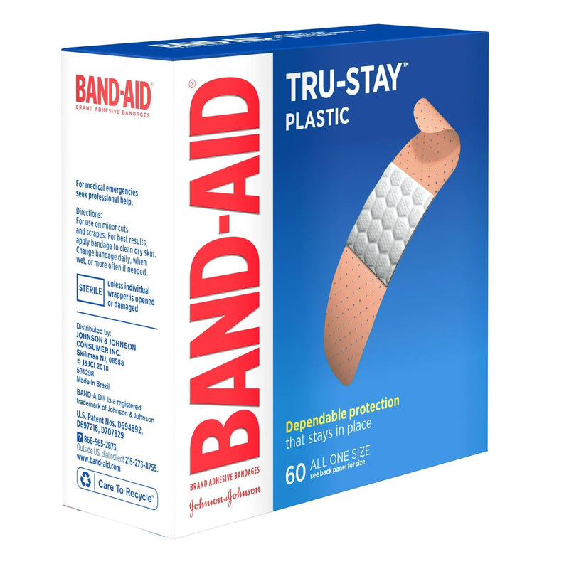 Band-Aid Tru-Stay Plastic Adhesive Bandages, 3/4 x 3 Inch (Box of 60)