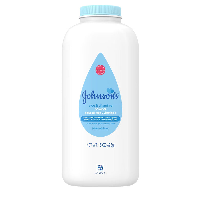 Baby Powder Johnson's Aloe and Vitamin E 15 oz. Scented Shaker Bottle Zea Mays (Corn) Starch, Fragrance, Tricalcium Phosphate, Aloe Barbadenisis Leaf Extract, Tocopheryl Acetate, Naturally-derived Ingredients, Vitamin E (Case of 24)