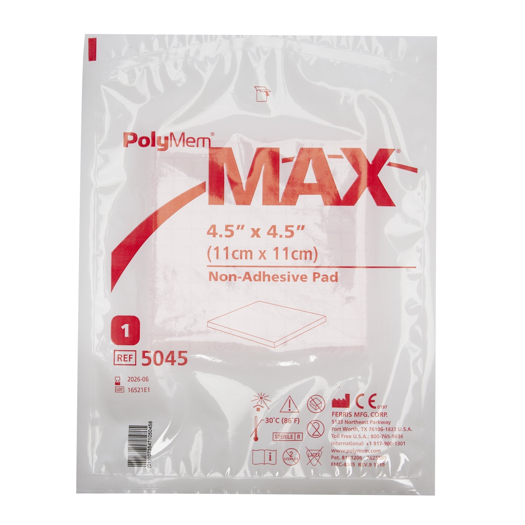 Ferris Manufacturing PolyMem Max Nonadhesive without Border Foam Dressing, 4½ x 4½ Inch (20/CS) 