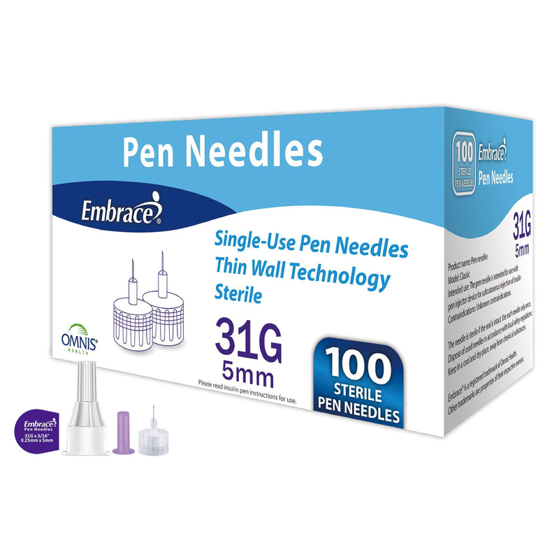 Safety Insulin Pen Needle Embrace 31 Gauge 5 mm Length Manual Safety (Case of 2000) 