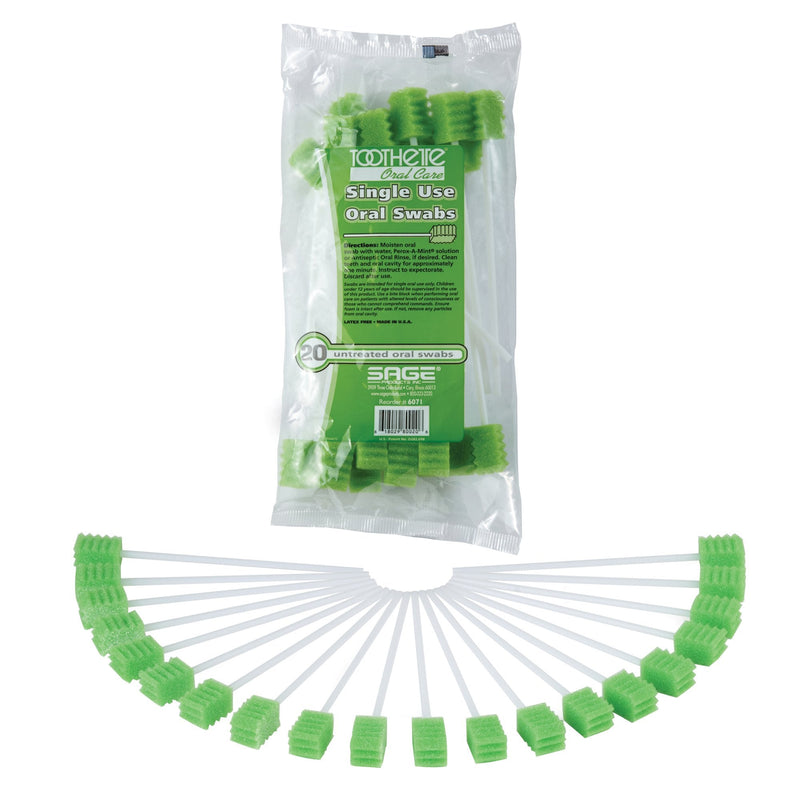 Sage Products Toothette Plus Oral Swabsticks Foam Tip Untreated, 6-Inch Length, Green (50/CS) 