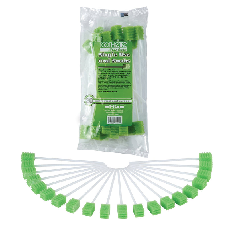 Sage Products Toothette Plus Oral Swabsticks Foam Tip Untreated, 6-Inch Length, Green (50/CS)