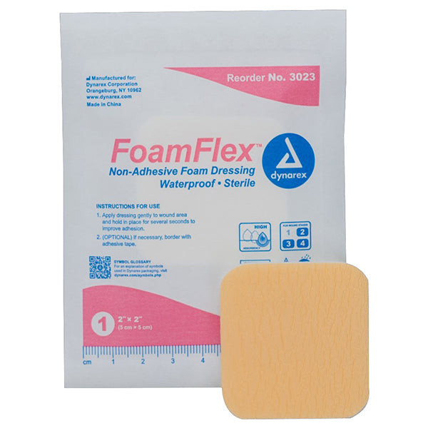 Dynarex FoamFlex Non-Adhesive Waterproof Foam Dressing (120/Case)  2" x 2"