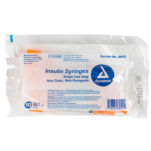 Dynarex Insulin Syringe (Non-Safety) (500/Case)  0.5 cc - 29 G, 0.5" Needle