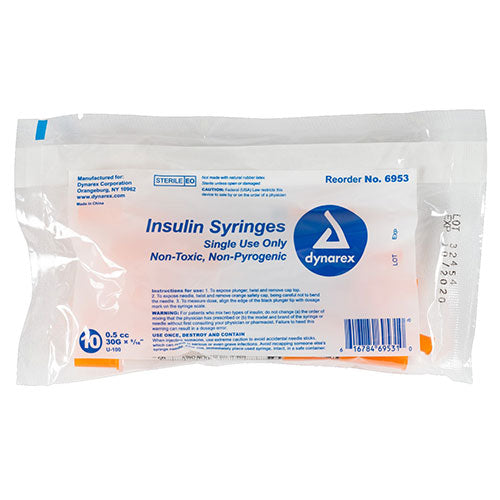 Dynarex Insulin Syringe (Non-Safety) (500/Case)  0.5 cc - 30 G, 0.31" Needle