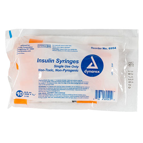 Dynarex Insulin Syringe (Non-Safety) (500/Case)  0.5 cc - 31 G, 0.31" Needle