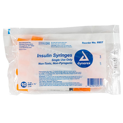 Dynarex Insulin Syringe (Non-Safety) (500/Case)  1 cc - 29 G, 0.5" Needle