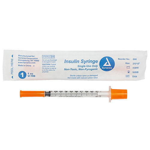 Dynarex Insulin Syringe (Non-Safety) (500/Case)  Wrapped - 1 cc - 27 G, 0.5" Needle