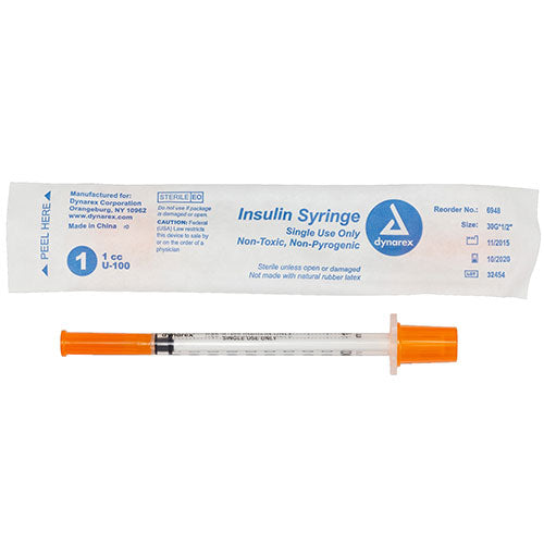 Dynarex Insulin Syringe (Non-Safety) (500/Case)  Wrapped - 1 cc - 30 G, 0.5" Needle