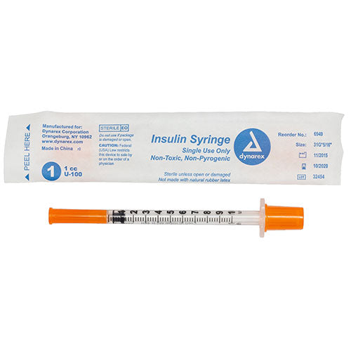Dynarex Insulin Syringe (Non-Safety) (500/Case)  Wrapped - 1 cc - 31 G, 0.31" Needle