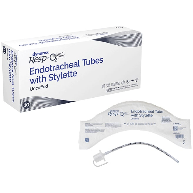 Dynarex Resp-O2 Endotracheal Tube - Uncuffed (10/Box)  3.0 mm - With Stylette