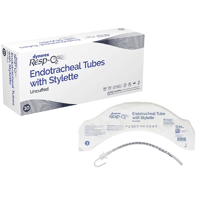 Dynarex Resp-O2 Endotracheal Tube - Uncuffed (10/Box)  5.0 mm - With Stylette