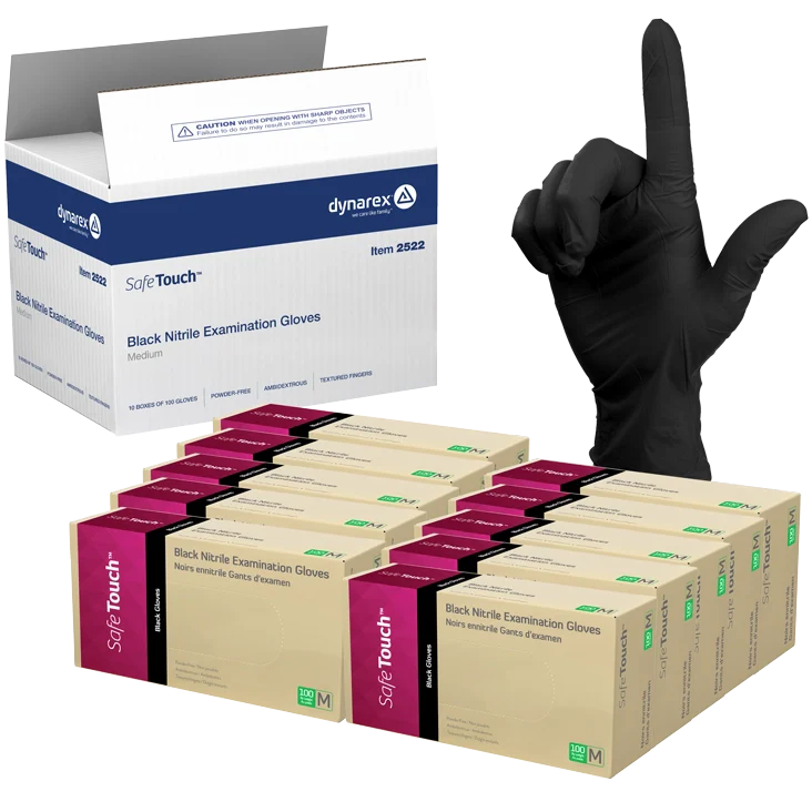 Dynarex Safe-Touch Black Nitrile Exam Gloves - Powder-Free (1000/Case)  Medium
