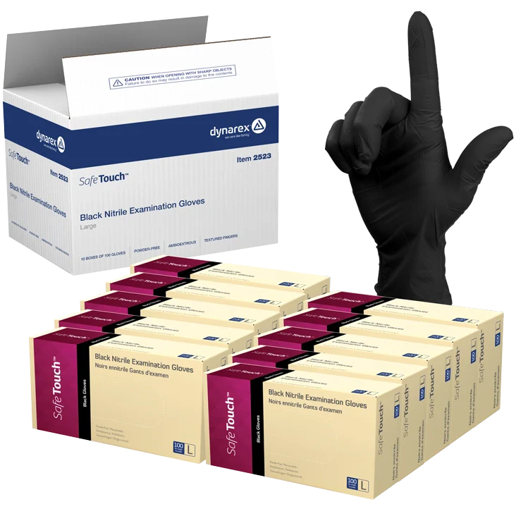 Dynarex Safe-Touch Black Nitrile Exam Gloves - Powder-Free (1000/Case)  Large
