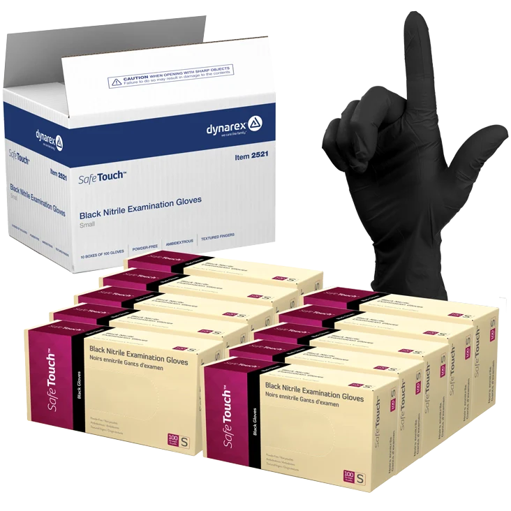 Dynarex Safe-Touch Black Nitrile Exam Gloves - Powder-Free (1000/Case)  Small