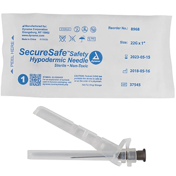 Dynarex SecureSafe Safety Hypodermic Needle (1000/Case)  22-G-x-1