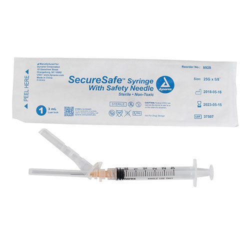 Dynarex SecureSafe Syringe with Safety Needle (800/Case)  3 cc - 25 G, 0.63" Needle