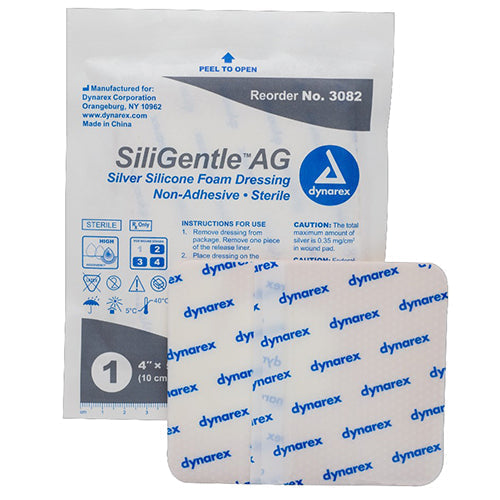 Dynarex SiliGentle AG Silver Foam Dressing (50/Case)  Silicone - 4" x 5"