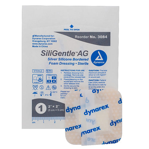 Dynarex SiliGentle AG Silver Foam Dressing (50/Case)  Silicone Bordered - 2" x 2"