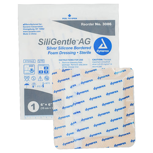 Dynarex SiliGentle AG Silver Foam Dressing (50/Case)  Silicone Bordered - 6" x 6"