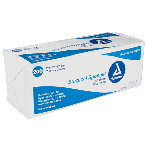 Dynarex Surgical Gauze Sponges - Non-Sterile  3"x 3" - 12 Ply (4000/Case)