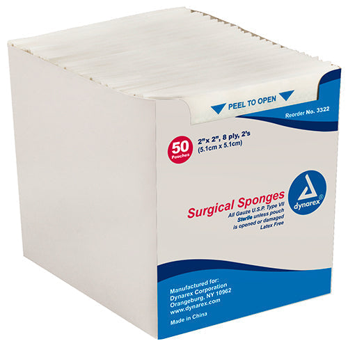 Dynarex Surgical Gauze Sponges - Sterile  2" x 2" - 8 Ply (3000/Case)