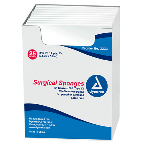 Dynarex Surgical Gauze Sponges - Sterile  3" x 3" - 12 Ply (2400/Case)