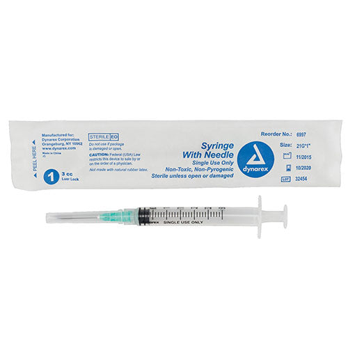 Dynarex Syringes With Needle  3 cc - 21 G, 1" (800/Case)