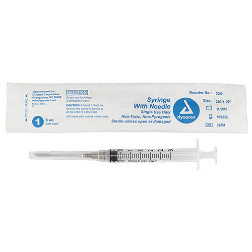 Dynarex Syringes With Needle  3 cc - 22 G, 1.5" (800/Case)
