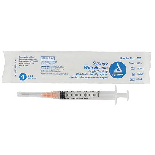 Dynarex Syringes With Needle  3 cc - 25 G, 1" (800/Case)