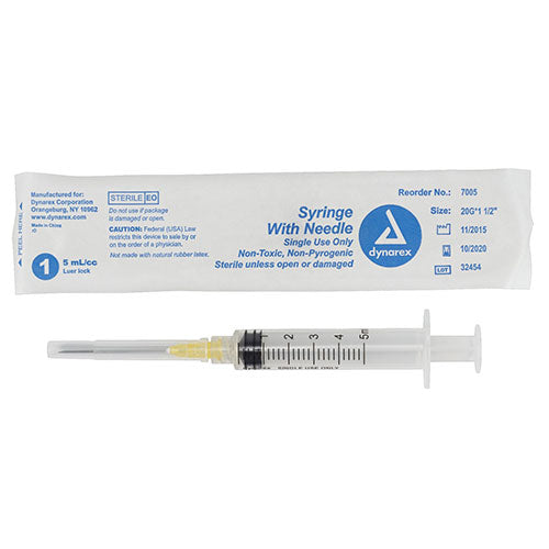 Dynarex Syringes With Needle  5 cc - 20 G, 1.5" (400/Case)