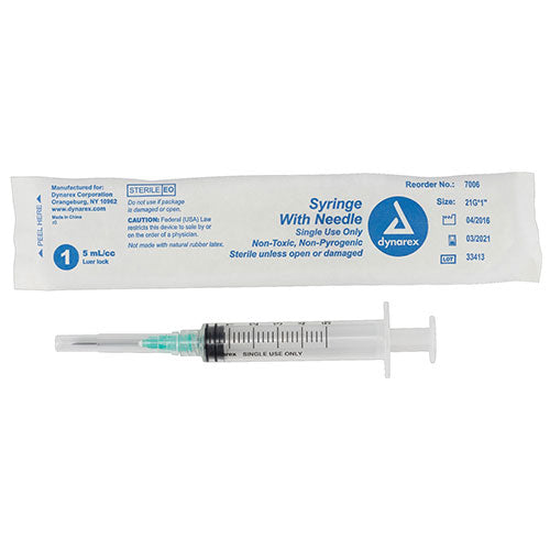 Dynarex Syringes With Needle  5 cc - 21 G, 1" (400/Case)