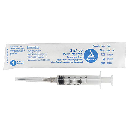 Dynarex Syringes With Needle  5 cc - 22 G, 1.5" (400/Case)